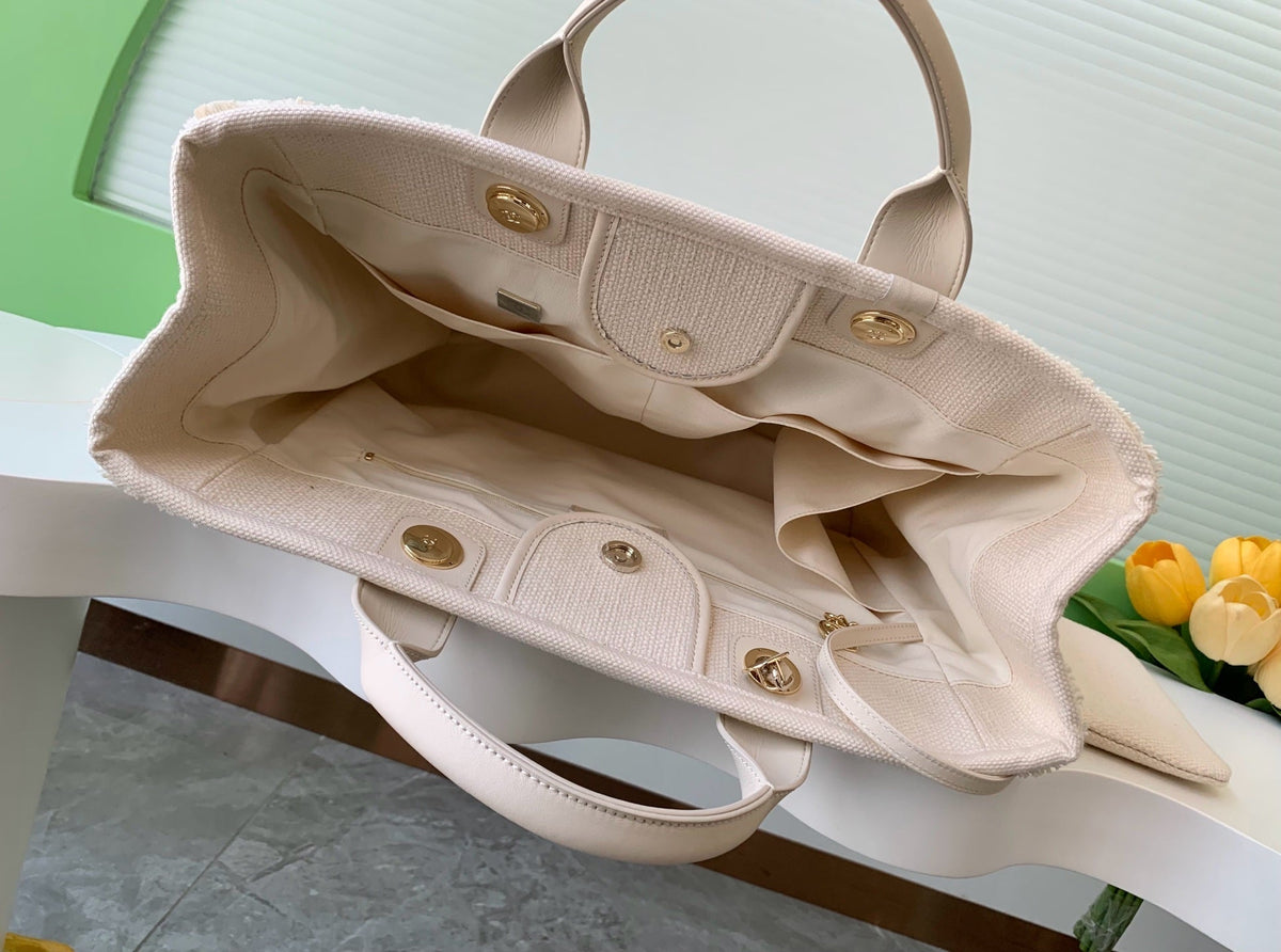 CHANEL SHOPPING BAG 38 IN WHITE BLUE AND YELLOW CANVAS
